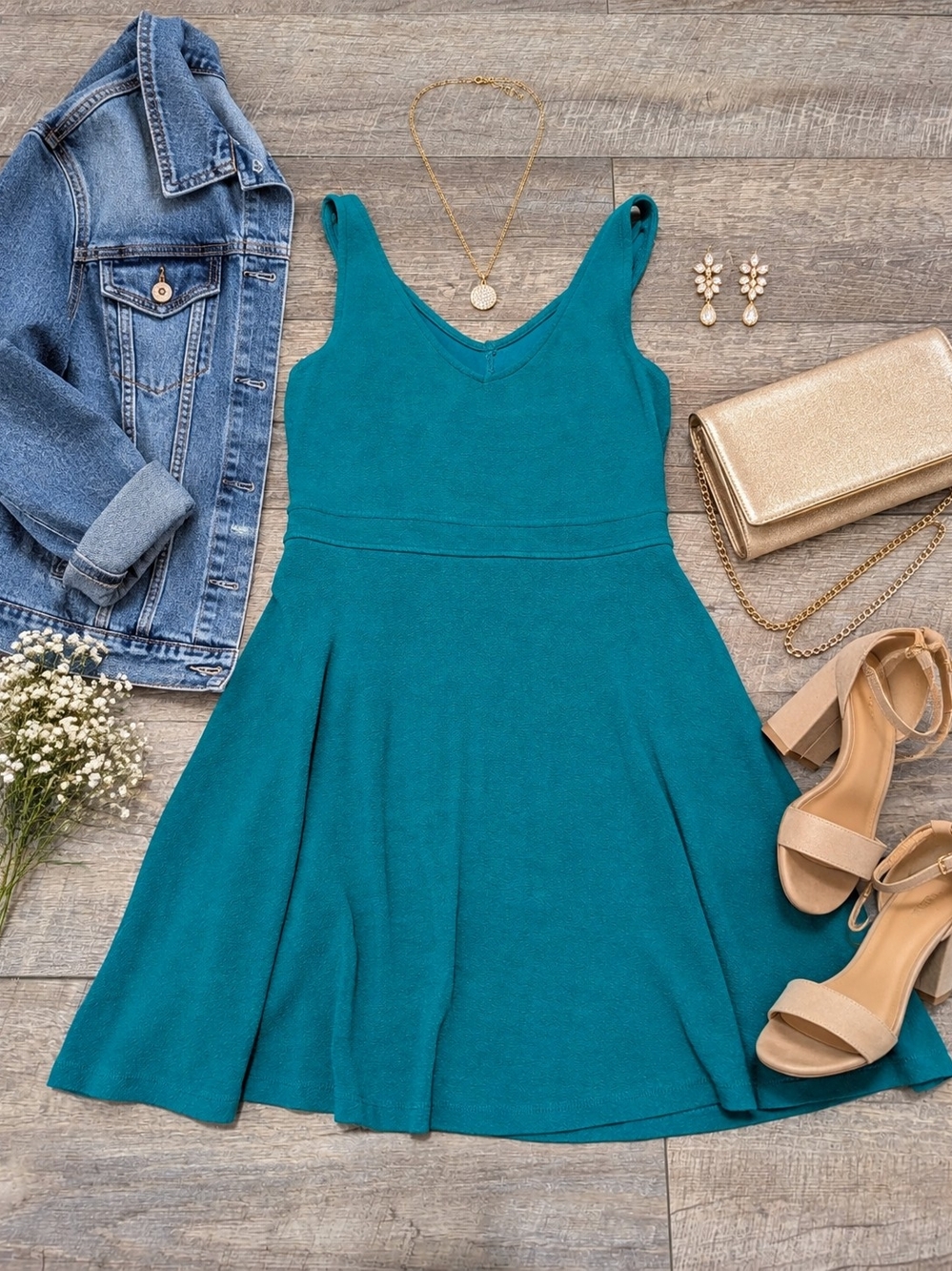 Forever 21 Teal V-Neck Fit & Flare Mini Dress